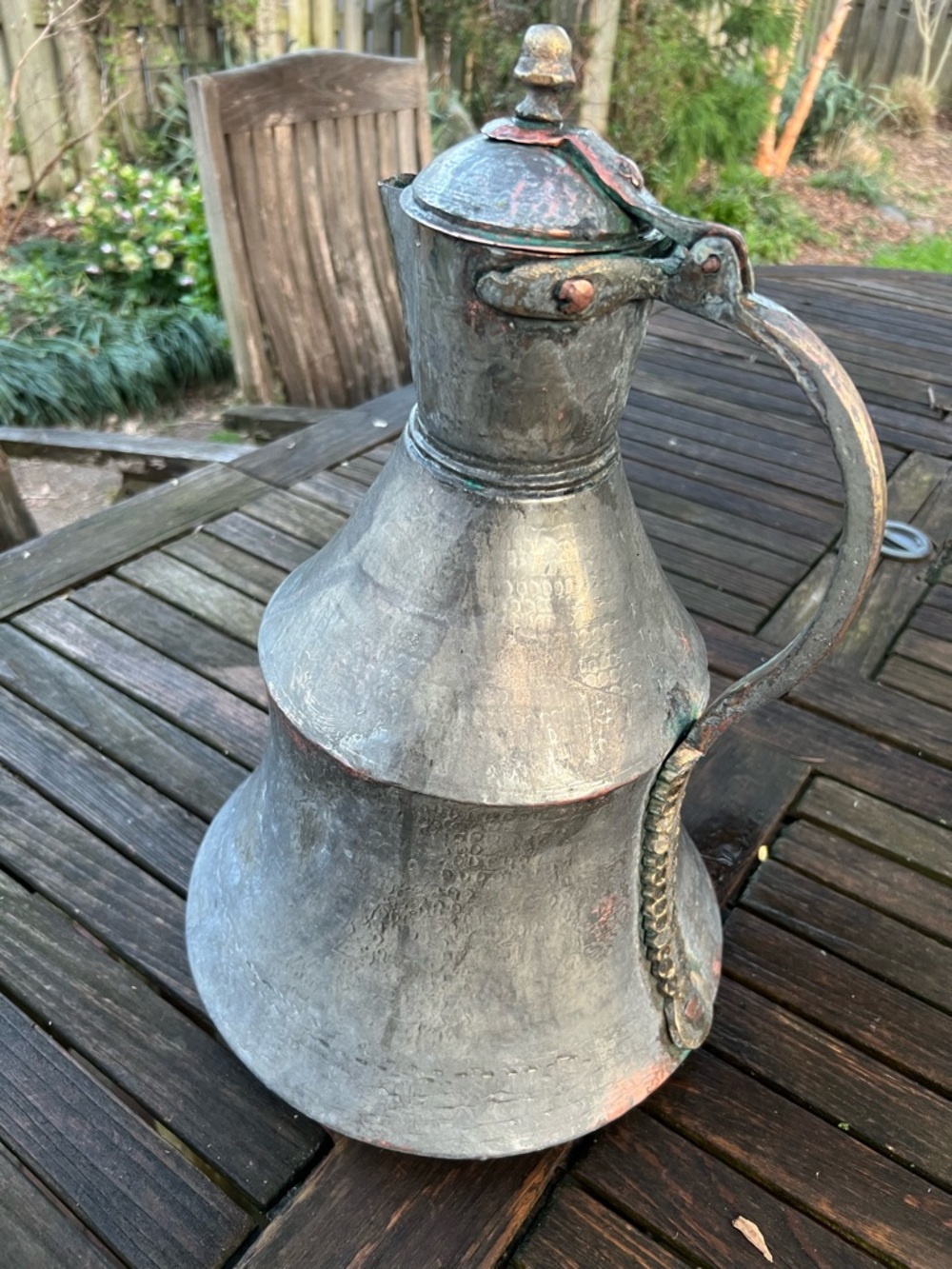 Antique Large (12”x16”)Antique-Style hammered Turkish copper Ewer w/ lid.